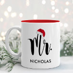 Mr. Red Santa Hat Monogram Holiday Two-Tone Coffee Mug<br><div class="desc">Christmas holiday mug features Mr. in modern black script with your custom last name. A festive red Santa hat accents the design. Perfect gift for a newly couple celebrating their first married Christmas! Visit our store for the matching Mrs. Holiday Mug.</div>