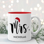 Mr. Red Santa Hat Monogram Holiday Two-Tone Coffee Mug<br><div class="desc">Christmas holiday mug features Mrs. in modern black script with your custom last name. A festive red Santa hat accents the design. Perfect gift for a newly couple celebrating their first married Christmas! Visit our store for the matching Mr. Holiday Mug.</div>