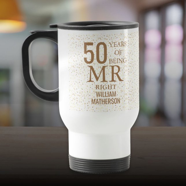 Mr Right Fun 50th Anniversary Gold Hearts Travel Mug (Mr Right Fun 50th Anniversary Gold Hearts Travel Mug)