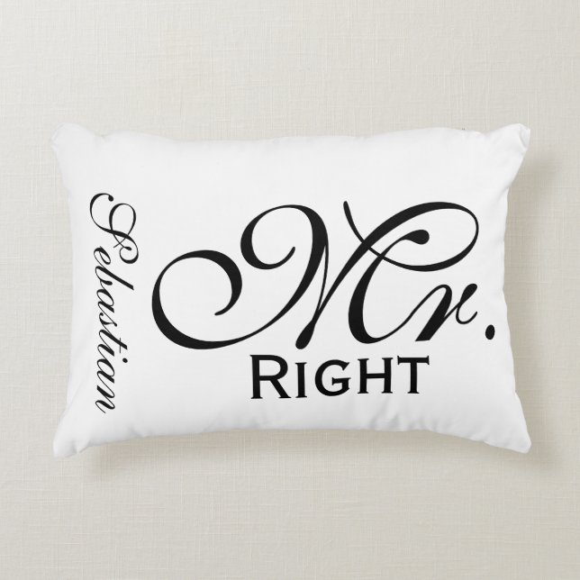 Mr Right Scroll Text Black And White Personalised Decorative Cushion (Front)