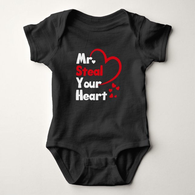 Mr. Steal Your Heart Valentines Day Funny boys Baby Bodysuit (Front)