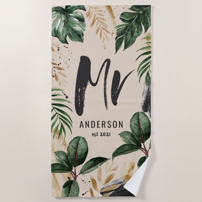 Mr tropical leaf & typography beach towel (Front)