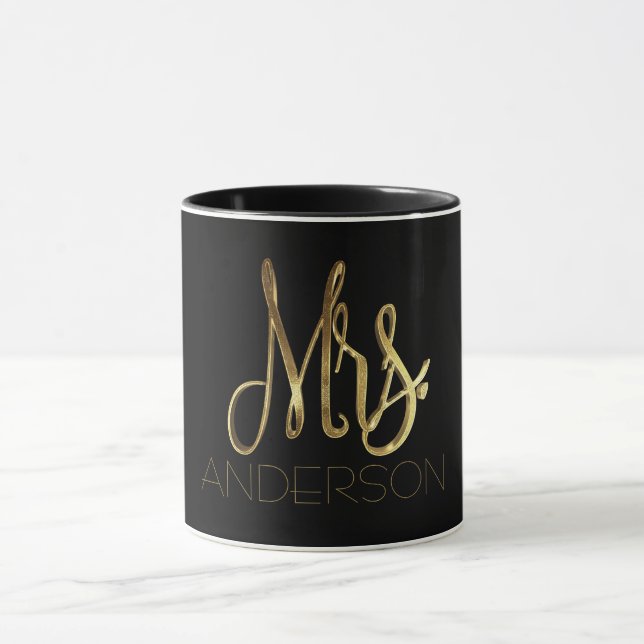 Mrs Add Name Black and Gold Elegant Typography Mug (Center)