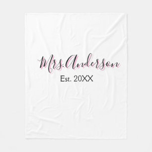 Mrs add name last name black pink est year modern  fleece blanket