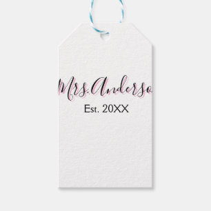 Mrs add name last name black pink est year modern gift tags