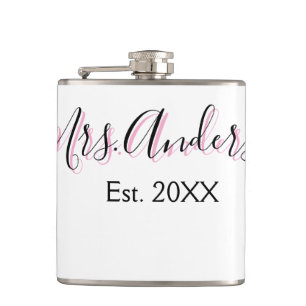 Mrs add name last name black pink est year modern hip flask