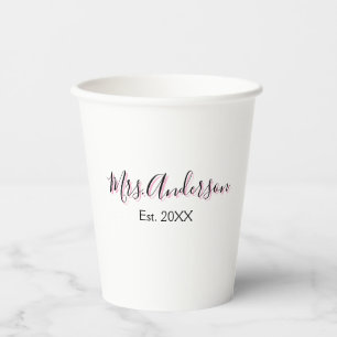 Mrs add name last name black pink est year modern  paper cups