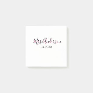 Mrs add name last name black pink est year modern post-it notes