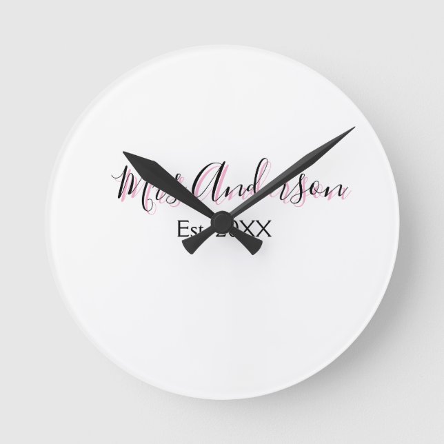 Mrs add name last name black pink est year modern  round clock (Front)