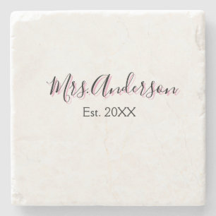 Mrs add name last name black pink est year modern stone coaster