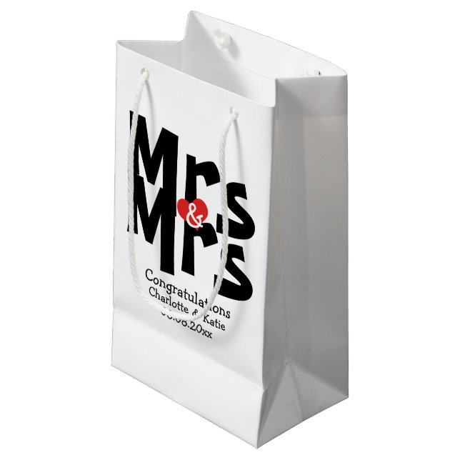 Mrs and Mrs Black Red Bold Modern Personalised Small Gift Bag (Front Angled)