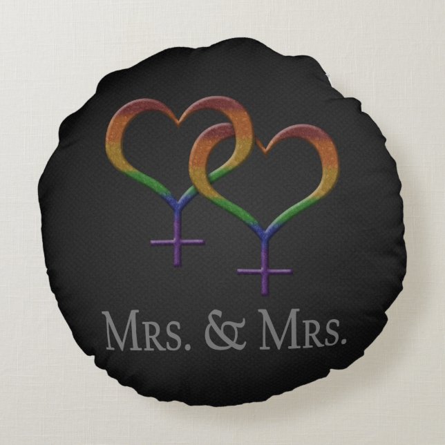 Mrs. and Mrs. Lesbian Pride Rainbow Symbols Round Cushion (Back)