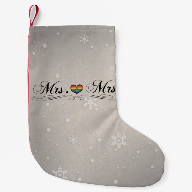 Mrs. and Mrs. Lesbian Pride Typography Design Small Christmas Stocking (Front)