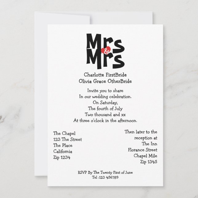 Mrs And Mrs Modern Bold Gay Lesbian Wedding Invitation (Front)