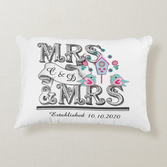 Mrs and Mrs Personalised Lesbian Wedding Gift Decorative Cushion (Back)