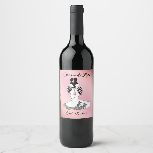 Mrs. and Mrs. Wedding Personalised Pink Wine Label (Front)