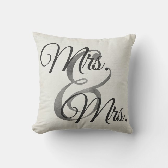 Mrs and Mrs White Script lesbian Wedding Cushion (Front)