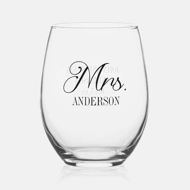Mrs. Bride Groom Wedding Reception Customised Stemless Wine Glass (Front)