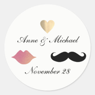 Mrs bride & Mr groom wedding pink lips & moustache Classic Round Sticker