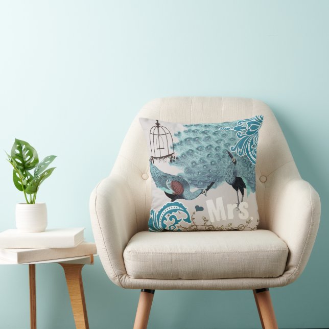 Mrs. Bride Teal Damask Vintage Peacock Birdcage Cushion (Chair)