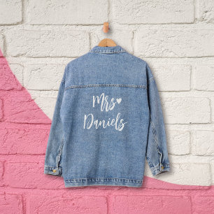 Mrs brides name white typography and heart wedding denim jacket