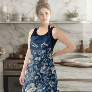 Mrs Chef Typography Indigo French Toile Floral Apron