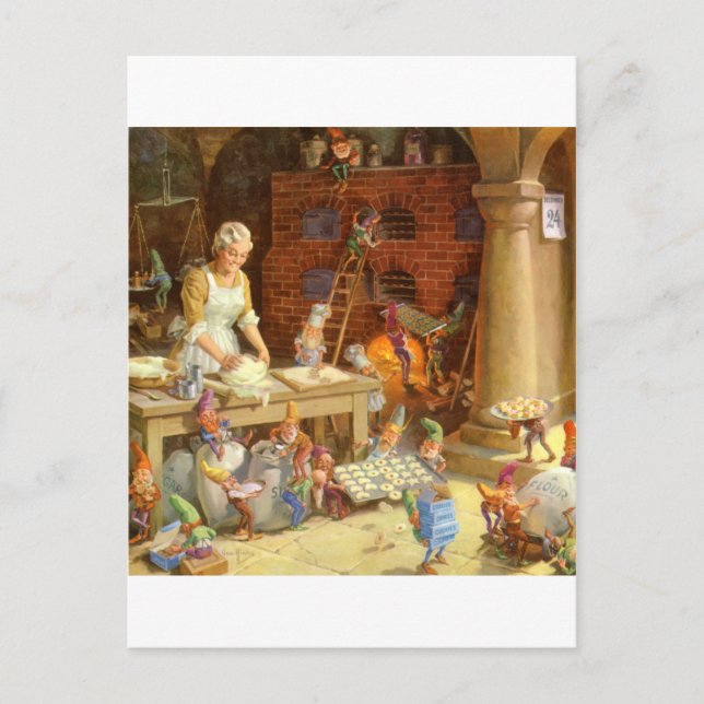 Mrs. Claus Bakes Cookies with Santa's Elves! Holiday Postcard (Front)