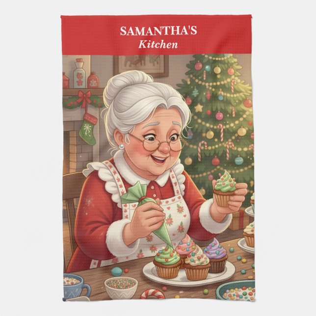 Mrs. Claus Holiday Cupcake Kitchen Towel (Vertical)
