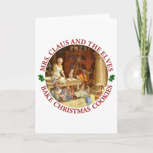 Mrs. Claus & Santa's Elves Bake Christmas Cookies Holiday Card (Front)