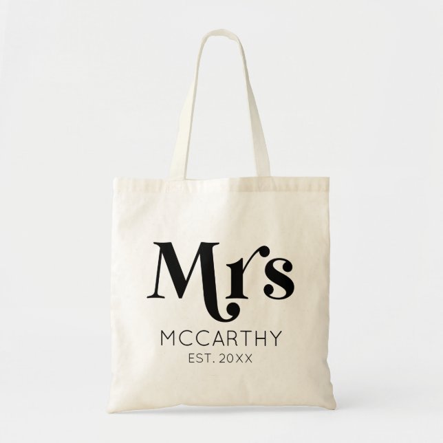 Mrs. Custom Last Name Est. Date Minimal Retro Tote Bag (Front)