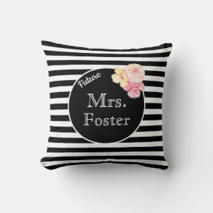Mrs. Custom Last Name with Black & White Stripes Cushion