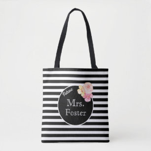 Mrs. Custom Last Name with Black & White Stripes Tote Bag
