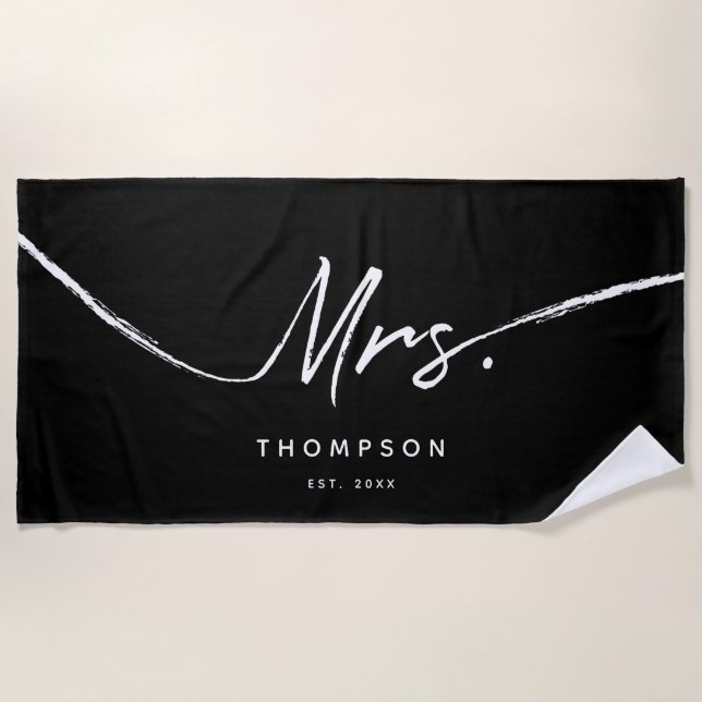 Mrs. Custom Modern Black White Minimalist Script Beach Towel (Front)