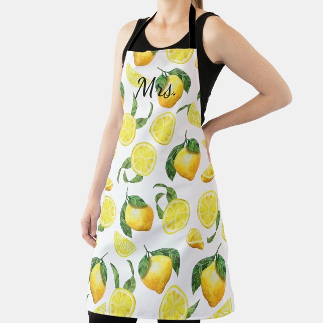 Mrs. Cute Lemon Pattern Paper Plates Apron (Insitu)