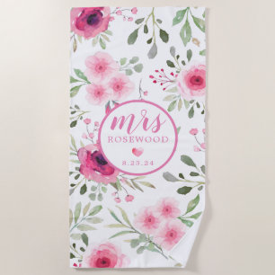 Mrs Date Soft Pink Watercolor Floral Beach Towel