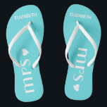 Mrs. Flip Flops Personalise Name and Colour<br><div class="desc">A cute addition to your destination beach or poolside wedding! Dance the night away in these comfortable bridle flip flops. Sample background colour is a Tiffany, aqua blue-click "customise it" to change colour. The word "Mrs.", a white heart and the brides name personalised. To see matching groom's flip flops- Please...</div>