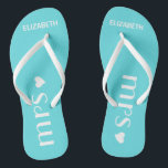 Mrs. Flip Flops Personalise Name and Colour<br><div class="desc">A cute addition to your destination beach or poolside wedding! Dance the night away in these comfortable bridle flip flops. Sample background colour is a Tiffany, aqua blue-click "customise it" to change colour. The word "Mrs.", a white heart and the brides name personalised. To see matching groom's flip flops- Please...</div>