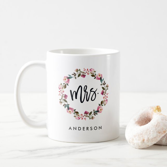 Mrs. Floral Wreath Personalised Coffee Mug (With Donut)