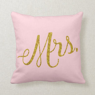 Mrs. Gold Faux Glitter Metallic Sequins Quote Pink Cushion