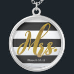 Mrs Gold Foil New Bride Personalised Necklace<br><div class="desc">Designer Mrs. in gold foil texture on a black-and-white stripes background with a place for your personalisation. Mrs necklace,  Wedding Necklace,  Wedding Jewellery,  Personalised Locket,  Personalised Necklace,  Bridal Shower Gift,  New Bride Gift,  Wedding Gift for Bride.</div>