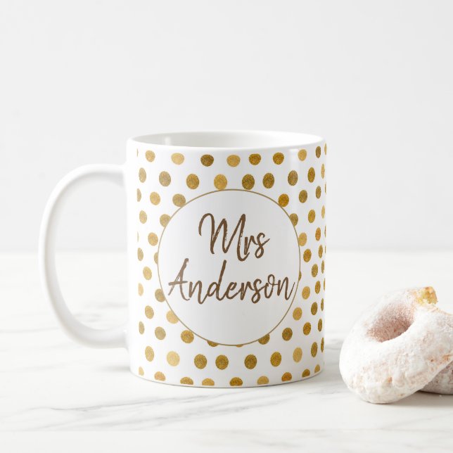 Mrs, Gold Glliter Polka Dots, Personalised Coffee Mug (With Donut)