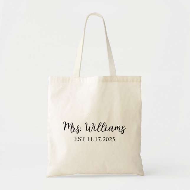 Mrs. Last Name Est Year Tote Bag, Personalised Dat Bag (Front)