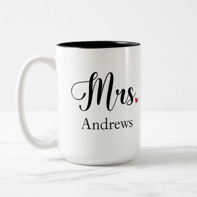 Mrs Last Name Matching Couple Gift for Wife Bride Two-Tone Coffee Mug (Left)