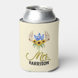 Mrs Last Name Rustic Floral Antlers Wedding Can Cooler