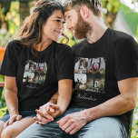 Mrs. Love Newlyweds Wedding Photo Collage Black T-Shirt<br><div class="desc">Special personalised newlywed wedding photo collage t-shirt to display your own special wedding photos and memories. Our design features a simple 4 photo collage grid design with the worlds "Love" each letter from the word love is displayed over the photo. Customise with your first names on the front and back...</div>