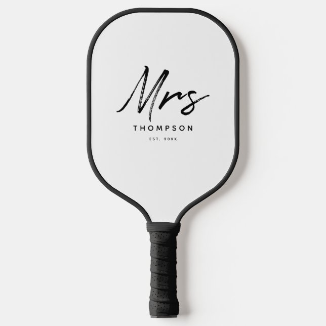 Mrs. Modern Black White Minimalist Script   Pickleball Paddle (Front)