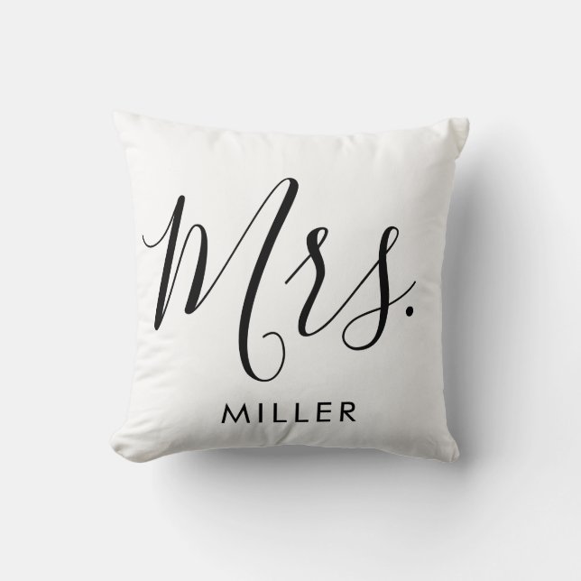 Mrs. Modern Elegant Script Monogram Wedding Cushion (Front)