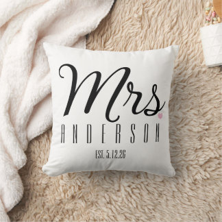 Mrs Modern Script Custom Wedding Date Newlywed  Cushion