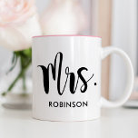 Mrs. Modern Script Monogram Wedding Two-Tone Coffee Mug<br><div class="desc">Simply stylish coffee mug features Mrs. with your custom married last name. Perfect gift for a newly married couple! Visit our store for the matching Mr. Monogram Mug.</div>