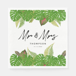 Mrs. Modern Tropical Leaves Script Wedding Napkin